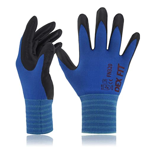 DEX FIT Premium Nylon Nitril Arbeitshandschuhe FN320; 3D-Komfort, Dehnbare Passform, Griff, Dünne, Leichte Arbeitshandschuhe, Langlebig, Atmungsaktiv, Kühl, Waschbar; Blau XL (10) 12 Paare