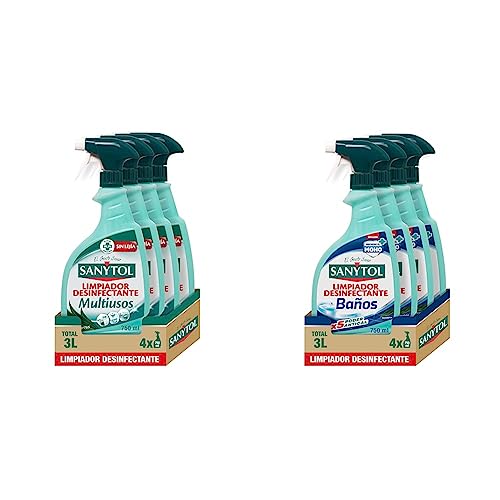 Sanytol - Limpiador Desinfectante Multiusos, Elimina Bacterias, Hongos y Virus Sin Lejía, Perfume Eucaliptus - Pack de 4 x 750 Ml = 3L & – Limpiador Desinfectante Antical Baños