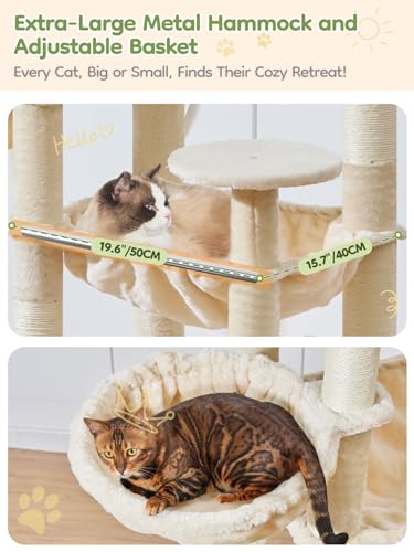 Image of Taoqimiao 76-Inch Cat Tree with Scratching Posts,XXL Cat Tower for Large Cats with Cat Scratching Board,Extra-Large Metal Hammock,3 Perches, 2 Big Condos, Hanging Basket, MS047M, Beige