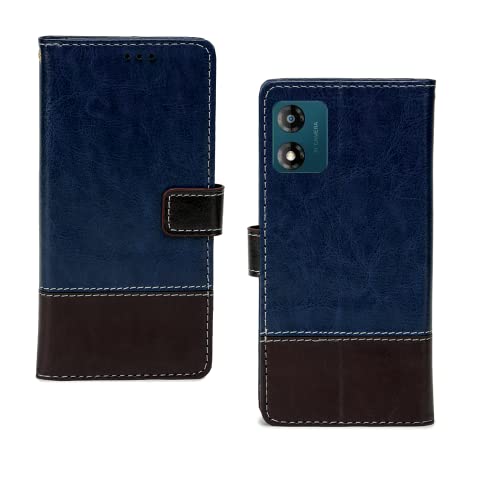 Image of Motorola E13 Flip Case | Leather Finish Flip Cover | with Card Pockets | Flip Cover for Motorola E13 - Blue and Coffee