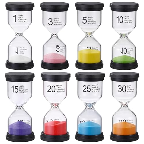 8 Piezas Reloj de Arena,Colorido Relojes de Arena,Reloj de Arena para Jugar a medir el Tiempo1/3/5/10/15/20/25/30 Minutos，Ideal para Uso en la Escuela, el hogar y la Oficina