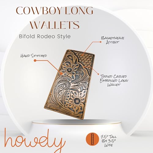 Men’s Long Leather Rodeo Wallet – Hand Tooled Basketweave, Brown Cowhide Inlay, Lone Star Concho – Western Checkbook Bifold Wallet3