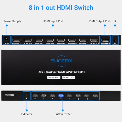 4K@60Hz HDMI Switch 8 in 1 Out, HDMI Switcher Selector Box with IR Remote Control, Support 4K 60Hz Ultra HDR HDCP 3D for Xbox PS5 PS4 Xbox PC Laptop - Thumbnail 2