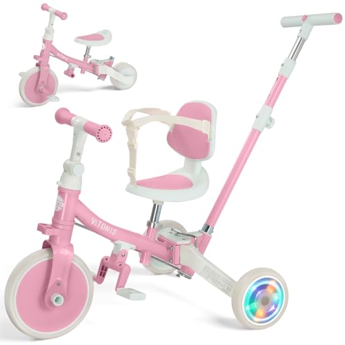 VITONIS Triciclo Infantil 5 en 1 para Niños de 18 Meses a 5 Años, con Ruedas Luminosas, Barra de Empuje, Respaldo y Cinturón de Seguridad, Regalo para Niños y Niñas, Bicicleta sin Pedales, Rosa
