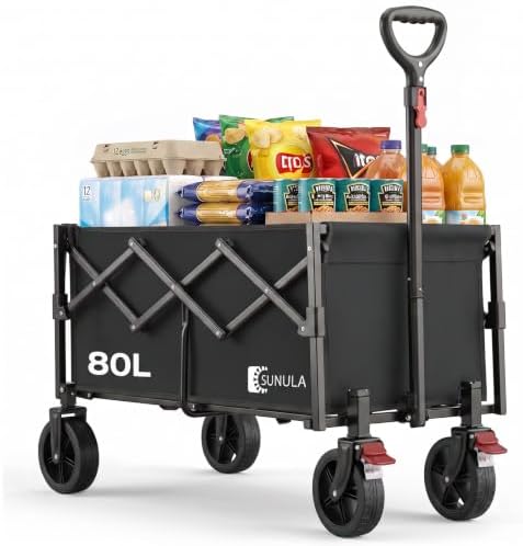 SUNULA Bollerwagen Faltbar Klein 80L, Handwagen Geländegängig mit Bremsen | Leichter Faltbollerwagen mit halbiertem Eigengewicht, Faltbarer Handwagen 100KG, ideal für Einkauf, Camp