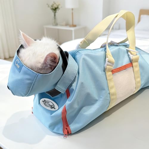 Image of Cinf Cat Nail Clipping Cleaning Grooming Restraint Bag (Free Muzzle) No Scratching Biting for Bathing Nail Trimming Injecting Examining((Sky Blue Citrus,M)