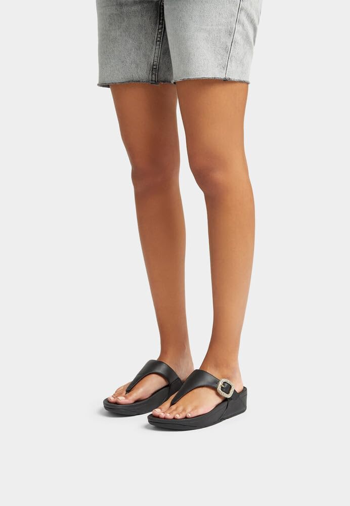 FitFlop Lulu Crystal-Buckle Leather Toe-Post Sandals, Color: Black, Size: 9 (HN9-001-070)
