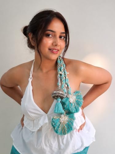 Image of Zippy Flora Handmade Boho Parandi /Paranda /Traditional Hair Accessory Braid Tassles /Hair Extension /Choti (Nazaakat Parandi (Turquoise Blue))