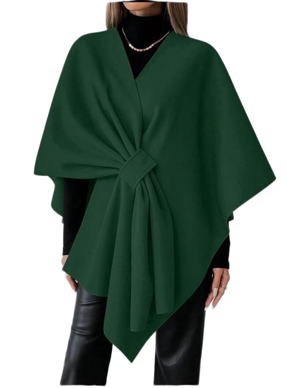 PATAKADEVI | Forest Green Poncho Cape Top Oversized V Neck Blouse With Side Knot Detail | For Sophisticated Layering And Formal Attire-picture-25