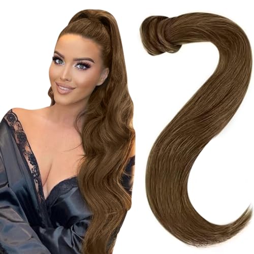 Easyouth Ponytail Hair Extensions Human Hair Brown Real Hair Ponytail Extension Medium Brown Ponytail Human Hair Extensions Pony Tail 18 Inch 80g
