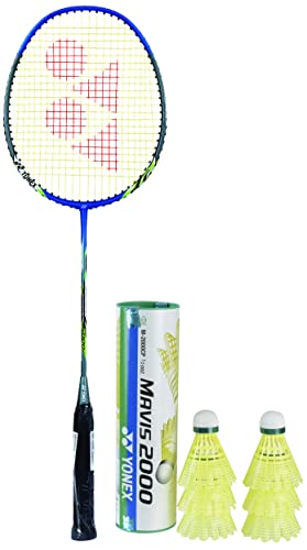 Image of YONEX Nanoray 6000i Aluminium-Alloy Strung Badminton Racquet (Blue) with Full Cover & Mavis 2000 Green Cap Nylon Shuttlecock, Pack of 6 (Yellow) Combo