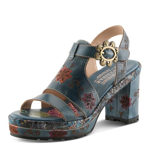 L`Artiste Jawdrop Women's Fashion Sandals with Hand-painted Floral Leather Upper, Sculptural Flower Detail, Block Heel, Lug Sole, and Hook-and-loop Closure NAVY MULTI EU 40 / US 9