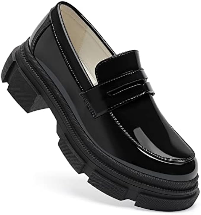 YETIER Platform Womens Loafer Leather Slip-ons Round Toe Chunky Loafer Shoes Penny Casual Fashion Shoes with Chain