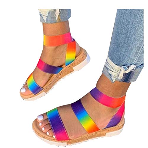 Damen Plateau Sandalen Rainbow Wedge Espadrilles Knöchelriemen Open Toe Flatform Schuhe Summer Comfy Beach Sandalen,a,37 Cover