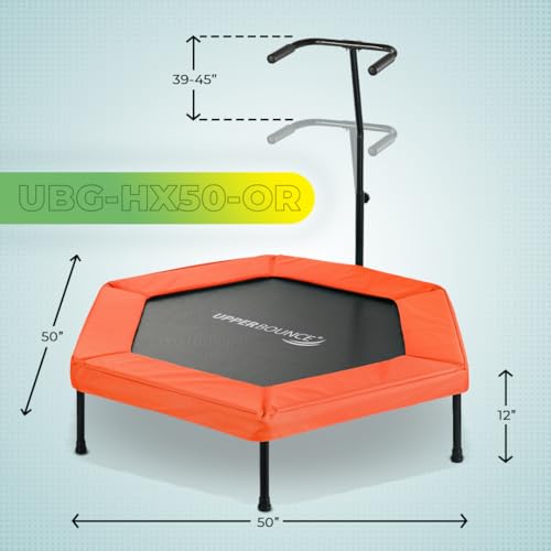 Image of Upper bounce Mini Workout Trampoline Adjustable tshaped handrail - Hexagonal rebounder Kids & Adults - Fitness Trampoline Equipment Supports up 220lbs. (Orange, 50 Inches)