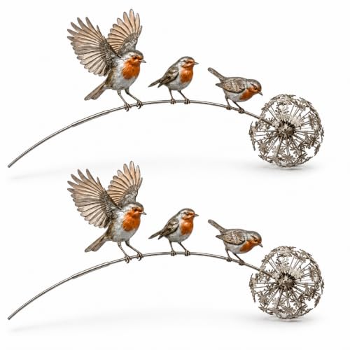 Robin Garden Stake, Metal Robin Garden Ornament Outdoor with Dandelion Accent, Rustic Bird Yard Art Garden Ornaments Outdoor for