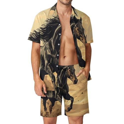 BHTGTRFDTD Button-Down Shirt And Short Set Black Horse Galloping Desert Men's Summer Beach Suits Outfit 2 Piece BHTGTRFDTD Button-Down Shirt And Short Set Black Horse Galloping Desert Men's Summer Beach Suits Outfit 2 Piece