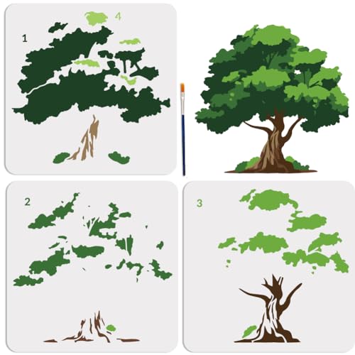 MAYJOYDIY 3pcs Layered Tree Stencil Template 11.811.8inch Large Natural Hierarchical Stencil Reusable Lush Branch Drawing Templates With Paint Brush for Furniture Home Decor DIY Crafts