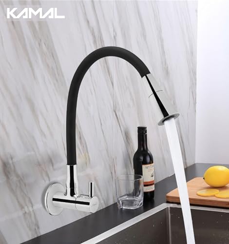 Image of KAMAL Full Brass Sink Tap Flexo Play Midnight Chrome | Shower & Aeartor Mode | Dual Flow Flexible Silicone Swivel Spout 360 Degree | Cold Water Tap Bib Tap Faucet (Wall Mount Installation Type)