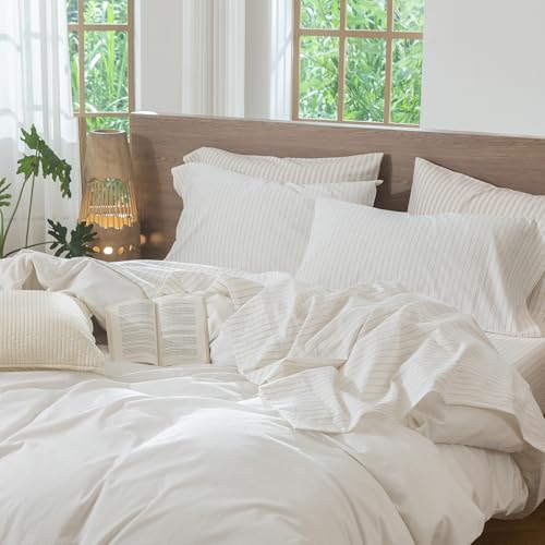 Image of MooMee Striped Sheet Set 100% Washed Cotton Linen Like Queen