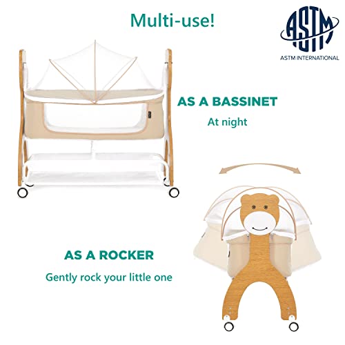 Dream On Me Cub Portable Bassinet In Beige, Multi-Use Baby Bassinet With Locking Wheels, Large Storage Basket, Mattress Pad Included, Jpma Certified #TOP5