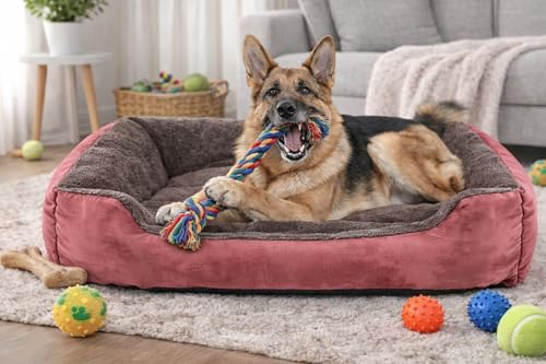 Image of SITSNOOZE Dog Beds Dogs & Cats, Rectangle Washable Pet Bed Comfortable and Breathable Pet Sofa Warming Orthopedic and Non-Skid Bottom (Reversible) (Brown & Rose Gold, XXL)