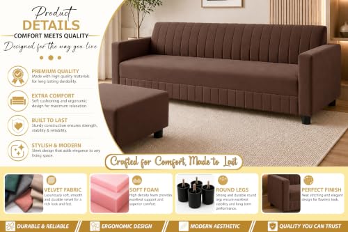Image of 3 Seater Velvet Sofa with Ottoman | Modern Upholstered Couch | Comfortable Living Room Sofa | Durable & Stylish Seating for Home, Office & Guest Room - Brown Color