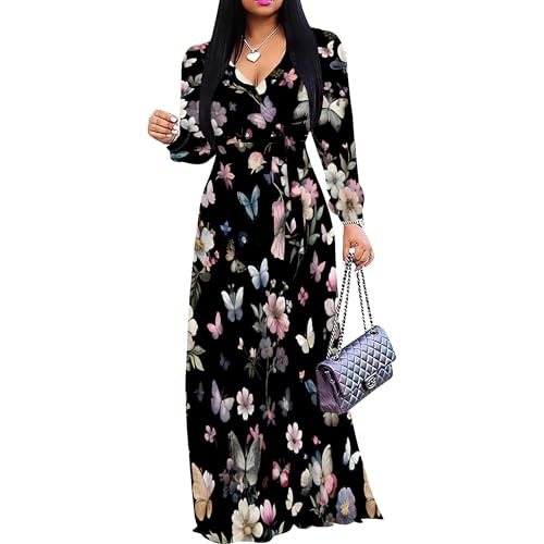 Image of PinkPatty Women's Long Sleeve Maxi Dress Plus Size Trendy Wedding Guest Wrap Dress with Pockets&Belt