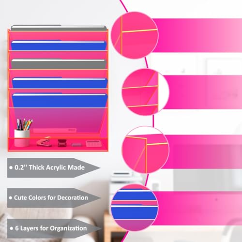Gelite Hanging File Organizer Acrylic Wall File Holder for Office Vertical Paper Organizer Wall Mounted Magazine Rack, 5 Pockets, Neon Pink by Gelite - Image 3