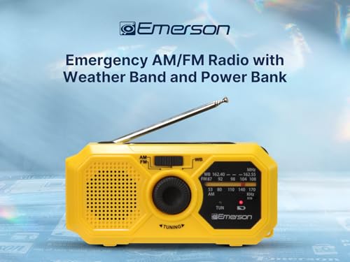 Emerson ER-7050 Emergency AM/FM Radio with NOAA Weather Band, Built-in Power Bank, Hand Crank, Solar Charging, LED Flashlight, and SOS Alarm &ndash; Essential Survival Gear for Camping and Emergency Prep