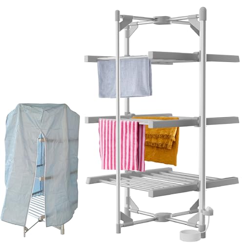 3-Tier Heated Clothes Airer with Cover, 24 Rails Clothes Drying Rack, 117cm Heated Airer, Indoor Foldable Heated Shelves Dry Laundry, 220W Efficient Drying Horse Rack 11M Drying Space