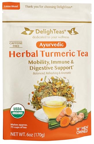 DelighTeas Organic Turmeric Ginger Tea | Ayurvedic Loose Leaf Herbal Turmeric Tea for Mobility, Immune & Digestive Support | Non-GMO, Caffeine Free, Unsweetened | 75 Servings, 6oz.