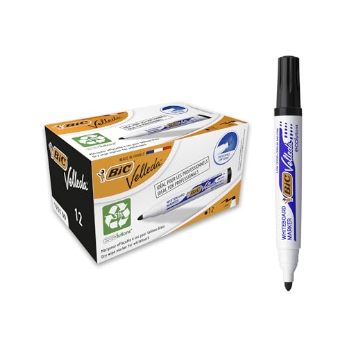 BIC Velleda 1701 ECOlutions Feutres pour Tableau Blanc Effaçables à Sec (Parfait pour l'Ecole et au Bureau / Pointe Conique Large) - Noir, Boîte de 12