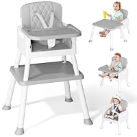 PAMPORPET 6 in 1 High Chairs for Babies and Toddlers, Baby High Chair/Kids Learning Table & Chair with Safety Harness, Removeable Tray for Indoor/Outdoor Use（Grey）
