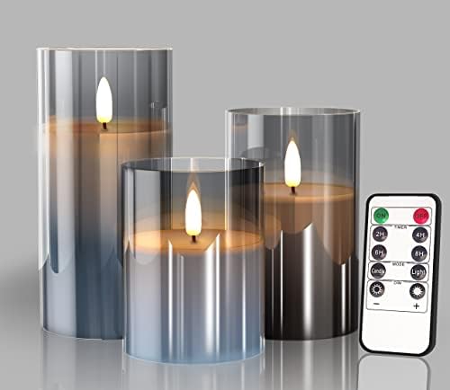 Glass Battery Operated LED Pillar Flameless Candles with10-Key Remote and Timer, Real Wax Candles Warm Color Wick Flickering Light for Festival Wedding bar Cafe Home Party Decor(Pack of 3)-Gray