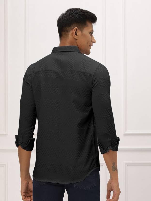 Image of Men's Polycotton Casual Textured Button Down Regular Fit Shirts Long Sleeve Shirt