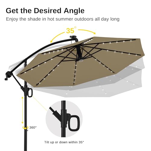 EAST OAK Patio Umbrella, 10 ft Outdoor Offset Umbrella with 8 Ribs, 40 LED Solar Lights and Crank, Aluminum Pole and UPF 50+ Fade Resistant for Garden, Deck and Poolside, Tan
