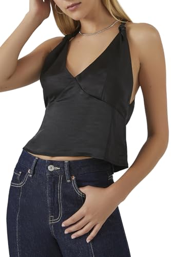 Forever 21 Women's Plunging Knotted Satin Tank Top, Black, Small