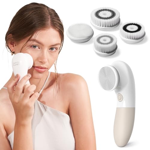Raedia Handheld Facial Cleansing Brush with 4 Interchangeable Brush Heads by Vanity Planet - Lightweight Daily Cleansing Brush for Glowing Skin - Water Resistant Face Exfoliator - Warm Grey