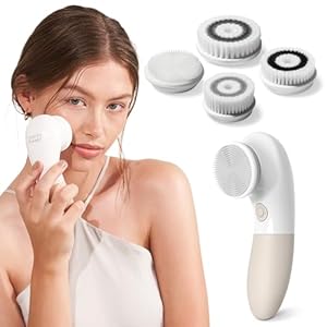 Raedia Handheld Facial Cleansing Brush with 4 Interchangeable Brush Heads by Vanity Planet – Lightweight Daily Cleansing Brush for Glowing Skin – Water Resistant Face Exfoliator – Warm Grey