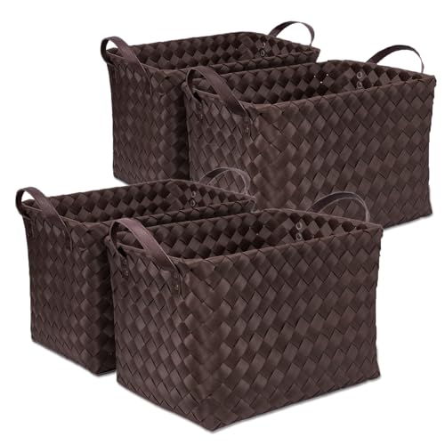 Image of Handwoven Clothes Basket Laundry Hampers Large Wicker Storage Baskets for Shelves Blankets Closet Storage Bins Car Bedroom Bathroom Organizers and Storage Bath (Pack of 4, Espresso color)