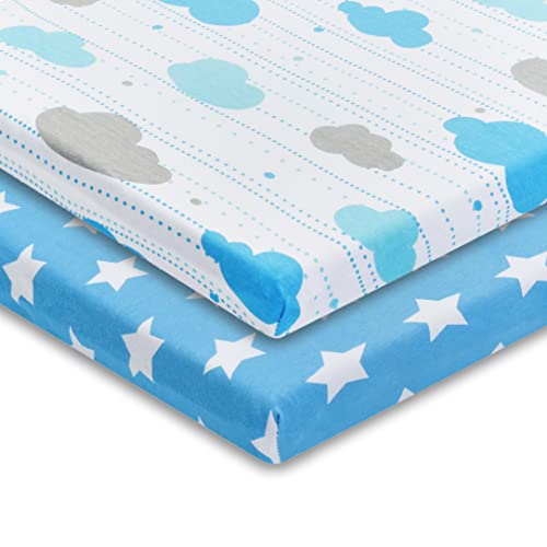 Image of EVERYDAY KIDS 2 Pack n Play Mattress Sheets - 100% Jersey Knit Cotton Soft Portable Crib for Boys with Blue Gray Celestial Star and Cloud Designs; Pk Playpen or Mini Fitted Sheet Set Stars /Clouds