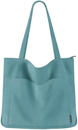 Prite Corduroy Tote Bag for Women Large Shoulder Bag with Zipper and Pockets for College School Work Travel Shopping (Pink)