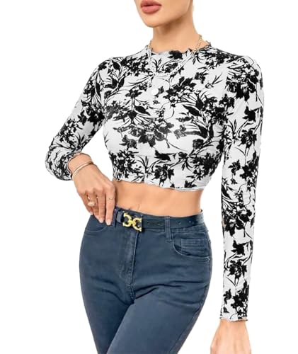 Image of ICW Women Long-Sleeves Round Neck Net Printed Transparent Mesh Sheer Crop Top T-Shirt DN38(Mix Print)