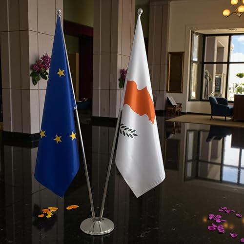 Drapeau Chypre et Union Européenne officiel : ensemble protocolaire prestige pour ambassade