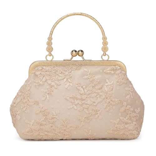 Image of UBORSE Vintage Embroidery Lace Floral Clutch Purse for Women Formal Evening Bag Kiss Lock Handbag for Wedding Cocktail Party | Vintage