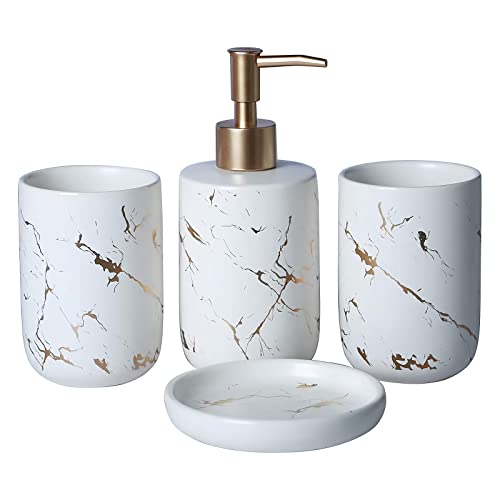D'accessoires de Salle de Bain 4 Pièces en Céramique, Lot de 4 Ensemble Accessoires de Bain de Luxe Effet Marbre Dont Distributeur de Savon, Porte Brosse à Dent, Porte-Savon et Gobelet