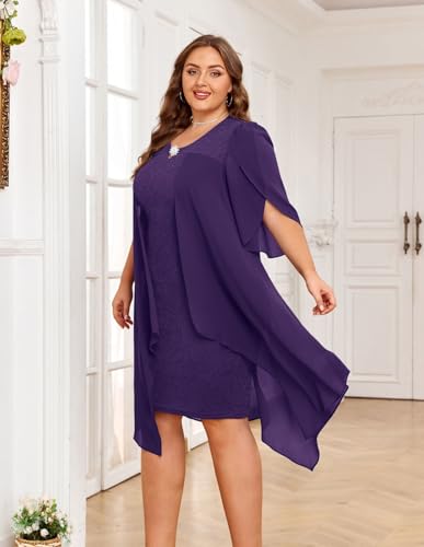 Womens Plus Size Chiffon Dress 3/4 Sleeve Flowy Glitter Cocktail Party Midi Dresses for Wedding Guest 16W, Purple