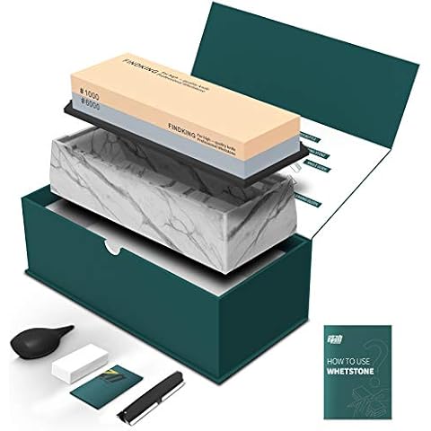FINDKING Premium Knife Whetstone Set, 2 Side Grit 1000/6000 Sharpening Stone, with Angle Guide, Flattening Stone, Anti-Slip Silicone Case (18 x 6 x 2.8 CM, Marble Pattern Base) Cover
