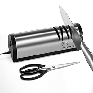 Narcissus Knife Sharpener, Professional 2 Stage Electric Knife Sharpener for Quick Sharpening & Polishing, with Scissors Sharpener and Metal Dust Collection Box, Stainless Steel, Silver